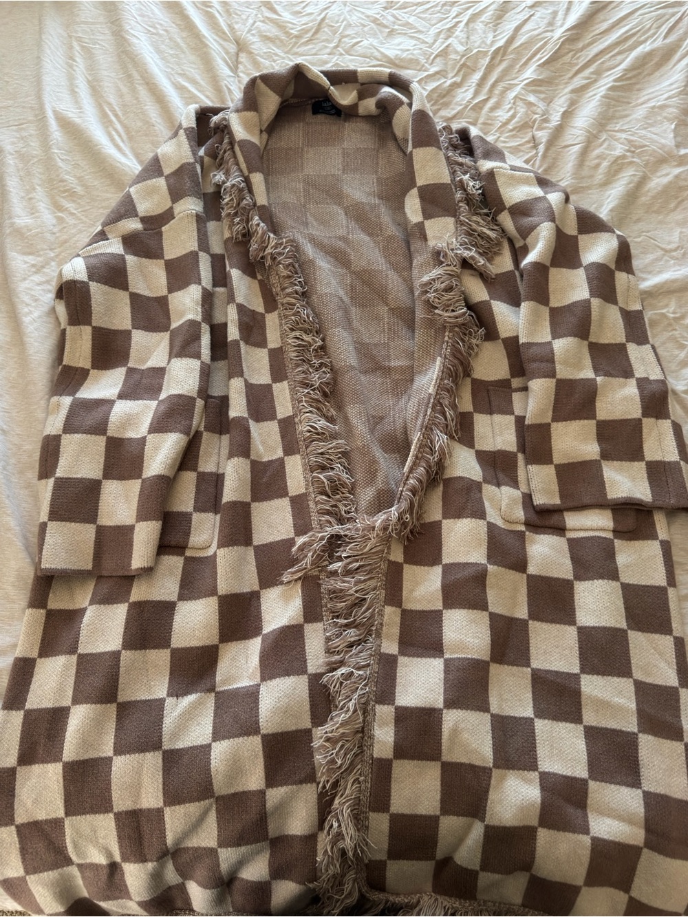 Luxe Fringe Blanket Cardigan in Neutral Check Deliciousness - Picture 5 of 7